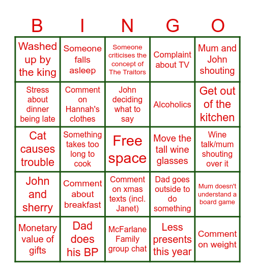 Christmas Survival Bingo Card