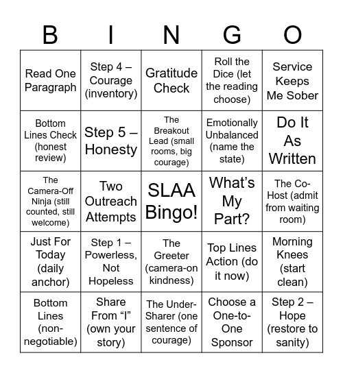 SLAA Bingo Card