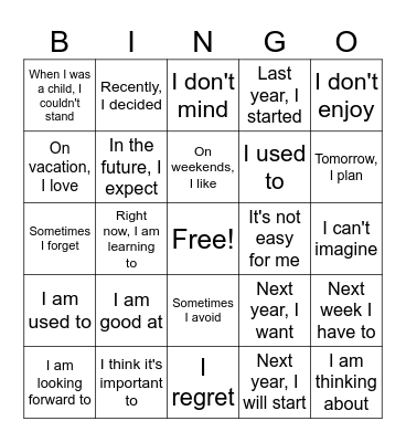 Gerund or Infinitive Bingo Card