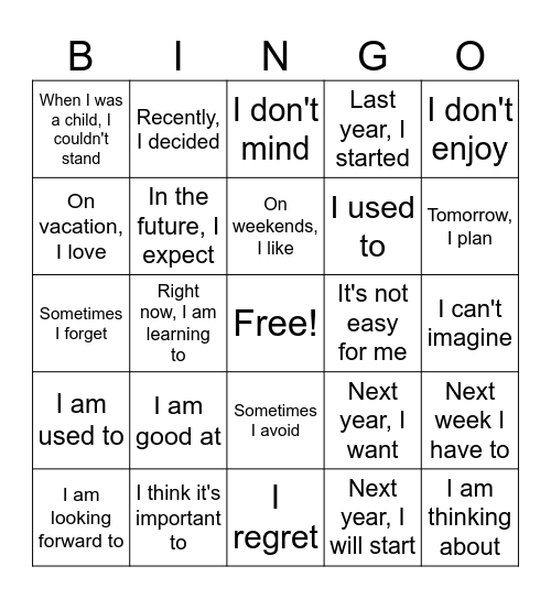 Gerund or Infinitive Bingo Card