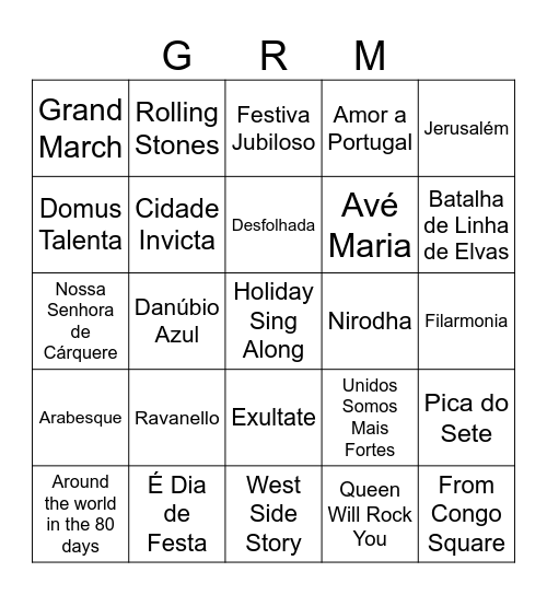 Bingo das músicas Bingo Card