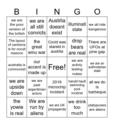 Australia conspiracy theories Bingo Card