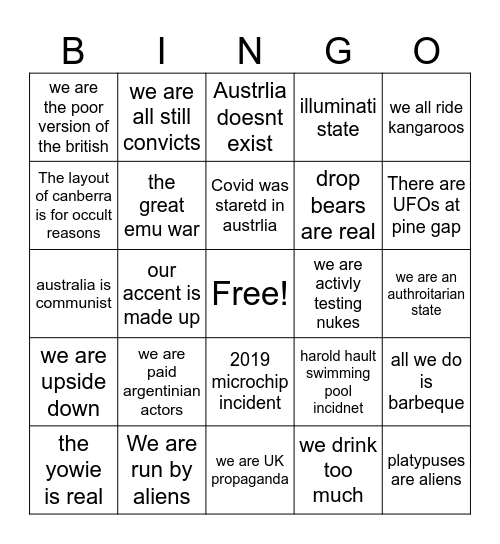 Australia conspiracy theories Bingo Card