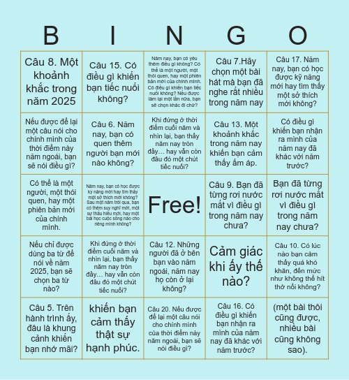 BẠN CÓ DÁM TRẢ LỜI 20 CÂU NÀY TRƯỚC KHI NĂM 2025 KẾT THÚC?! Bingo Card