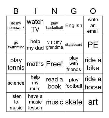 After school activities + subjects Bingo Card