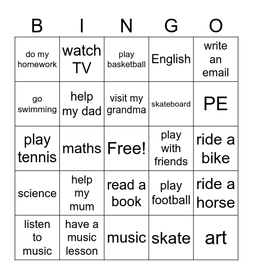 After school activities + subjects Bingo Card