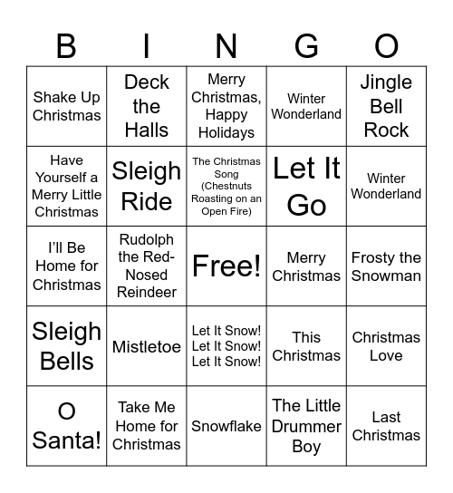Holiday Music Bingo Card
