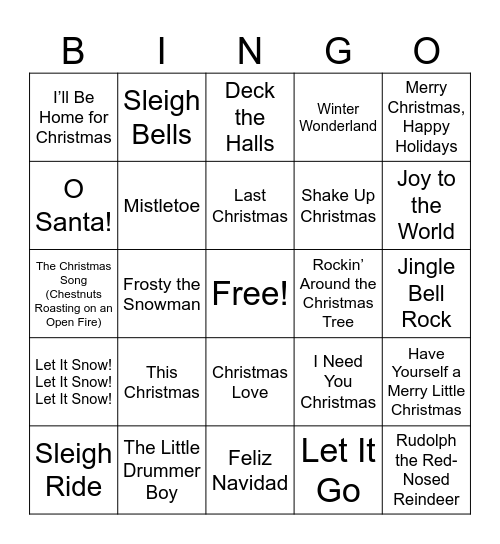 Holiday Music Bingo Card