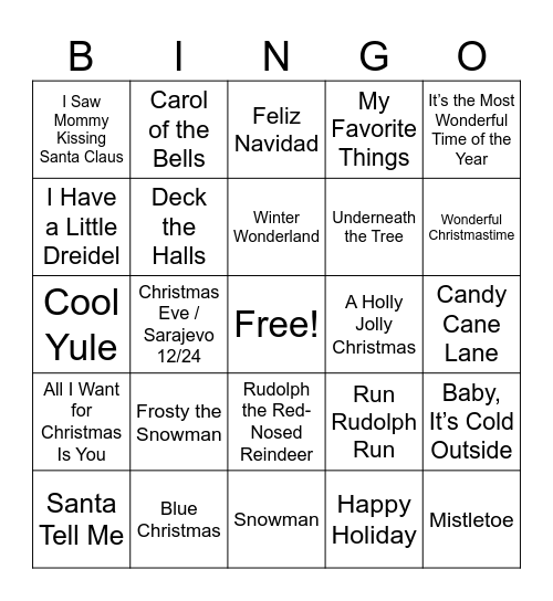 HRD Holiday Song Bingo Card