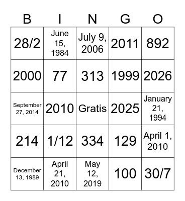 Números grandes y fechas Bingo Card