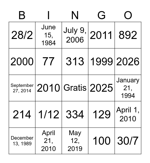 Números grandes y fechas Bingo Card