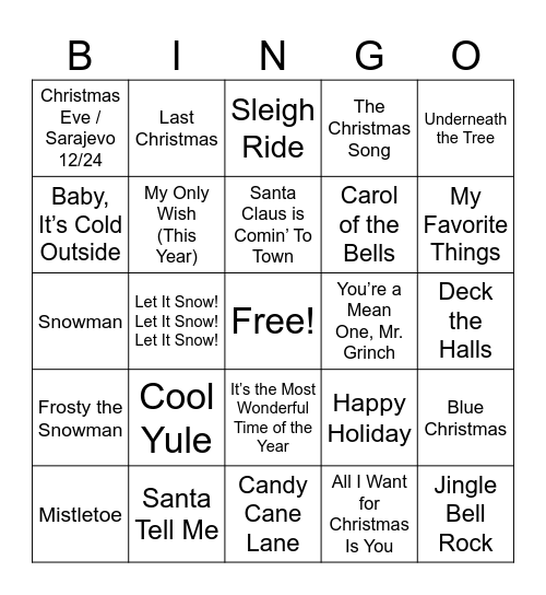 HRD Holiday Song Bingo Card