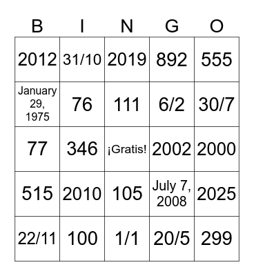 Números & Fechas Bingo Card