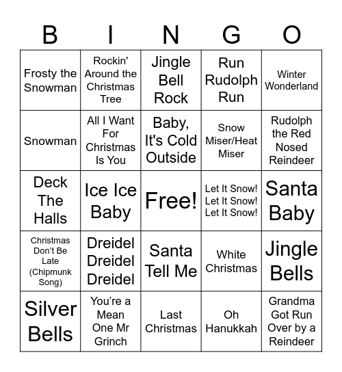 Winter Music Bingo Card