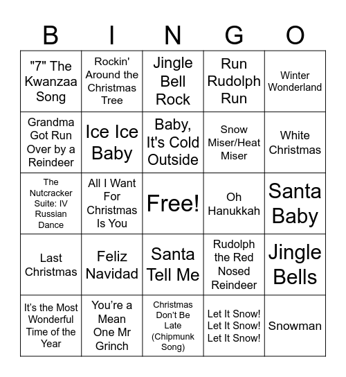 Winter Music Bingo Card