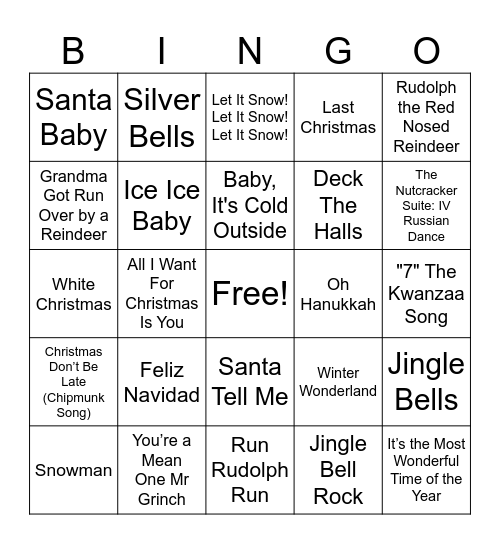 Winter Music Bingo Card