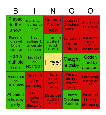 Nursing Holiday Bingo Card