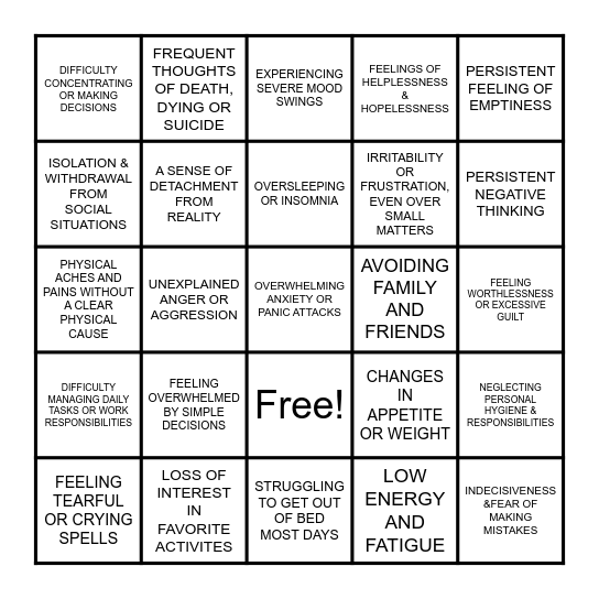 DEPRESSION BINGO Card
