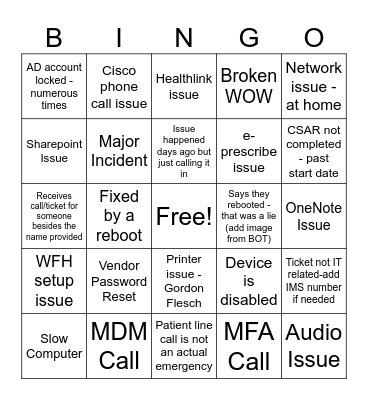 UWH Service Desk Bingo Card
