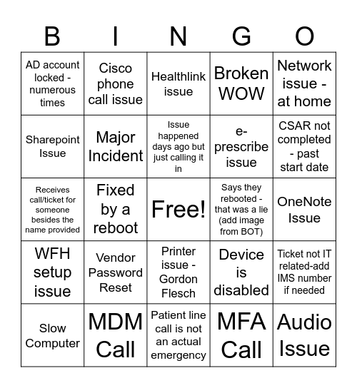 UWH Service Desk Bingo Card