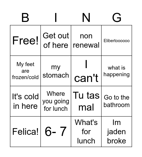 Shairy Bingo Card