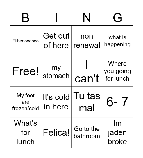 Shairy Bingo Card