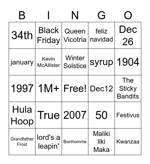Holiday Trivia Bingo Card