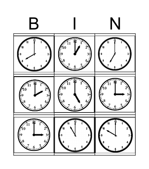 Telling time - On the Hour Bingo Card