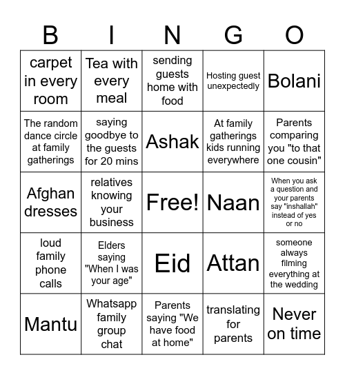 Afghan Bingo Card