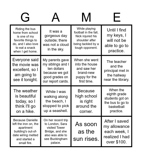 Sentence Types - Simple, Compound, Complex, or Fragment? Bingo Card