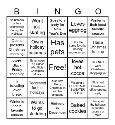 CHRISTMAS BINGO find someone who... Bingo Card