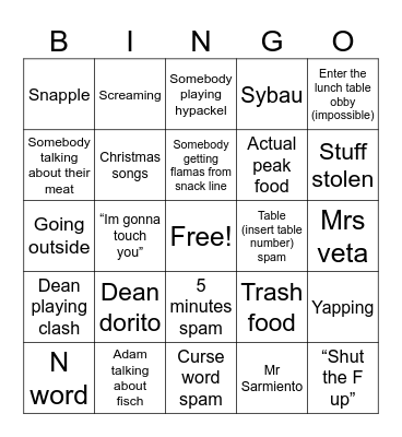 Lunch Bingo Card