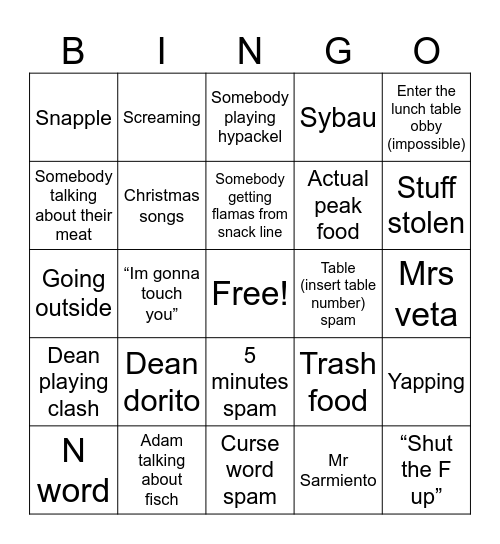 Lunch Bingo Card