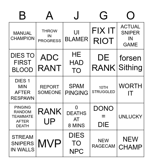 Bajingo Bingo Card