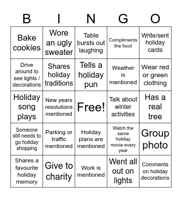 Holiday Dinner Bingo Card