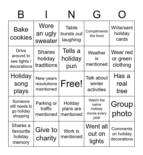 Holiday Dinner Bingo Card