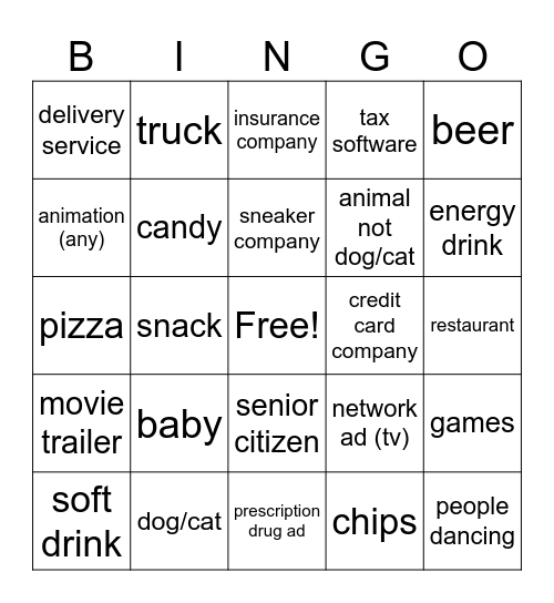 Commercials Bingo Card