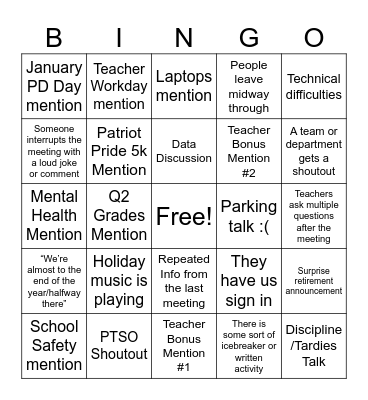 Holiday Meeting Bingo Card