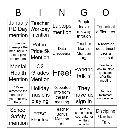 Holiday Meeting Bingo Card