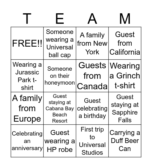 Guest Bingo Card