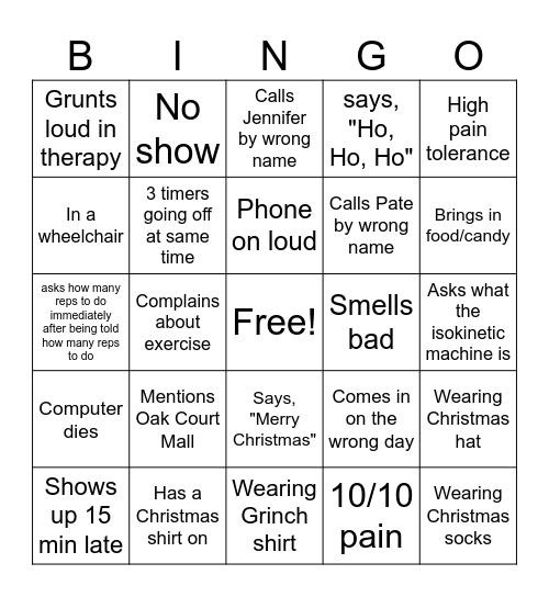 Christmas PT Bingo Card