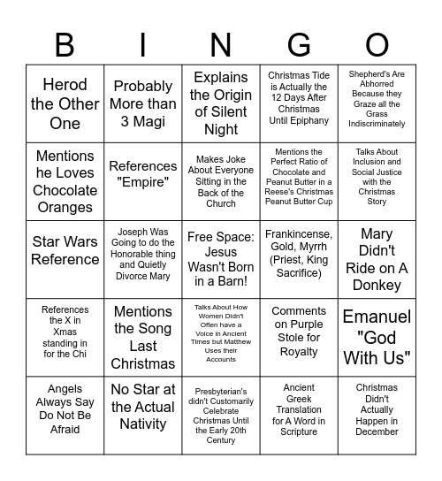 Tyler's Christmas Service Bingo Card
