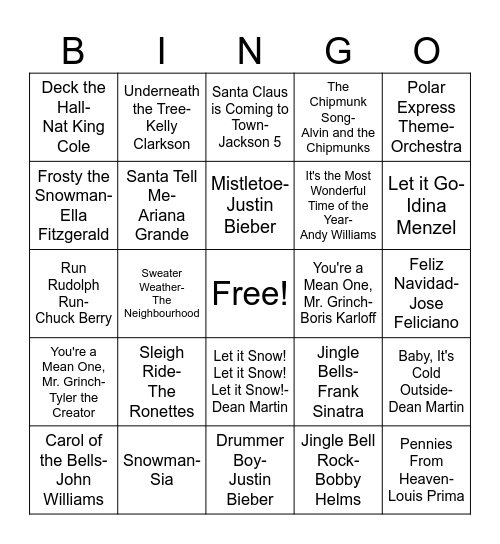Winter Music Bingo Card