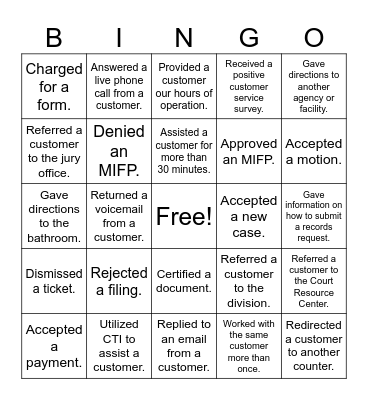 Front Counter Bingo Card
