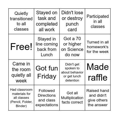 Junior Bingo Card