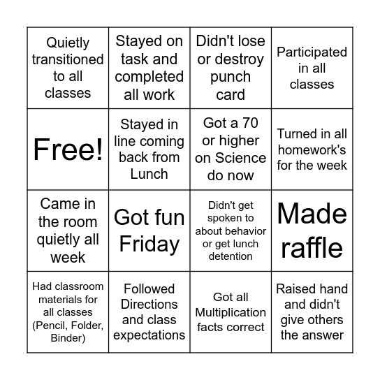 Junior Bingo Card