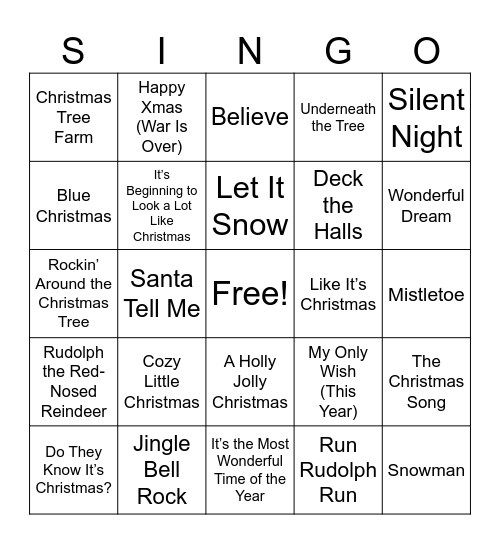 Holiday Singo Bingo Card