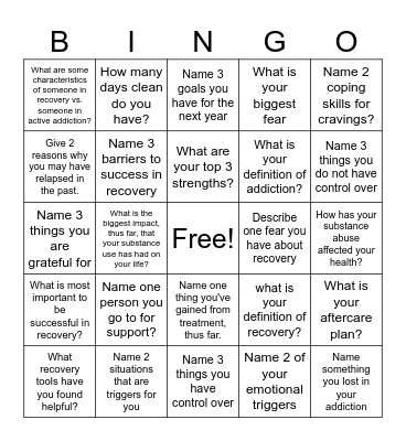 Recovery Bingo Card