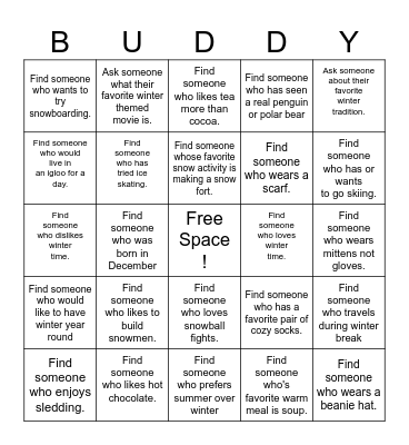 Find A Buddy-Winter Themed Bingo Card