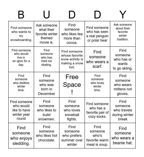 Find A Buddy-Winter Themed Bingo Card